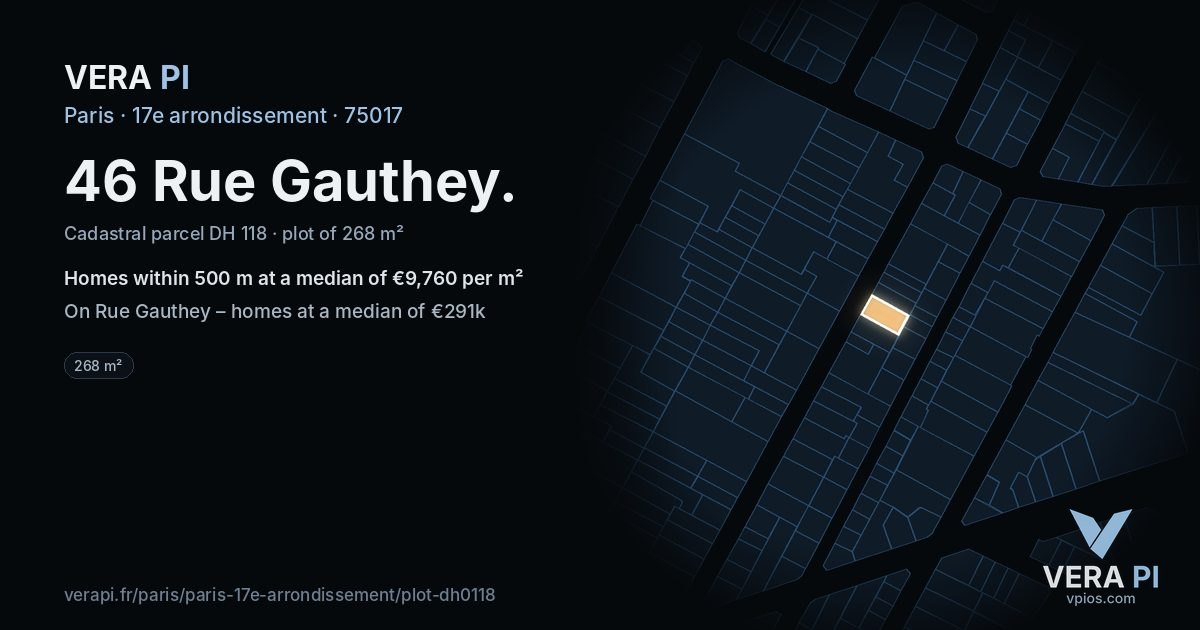 46 Rue Gauthey, 17e arrondissement at night – the plot lit, the parcels around coloured by the prices near them