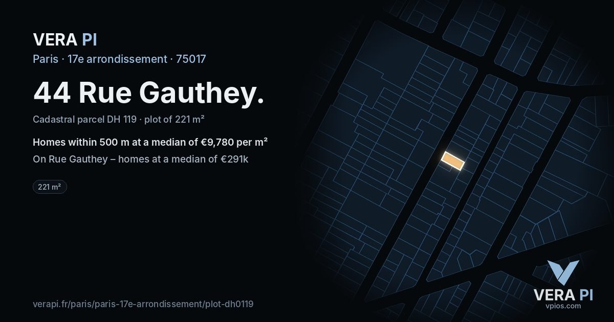44 Rue Gauthey, 17e arrondissement at night – the plot lit, the parcels around coloured by the prices near them