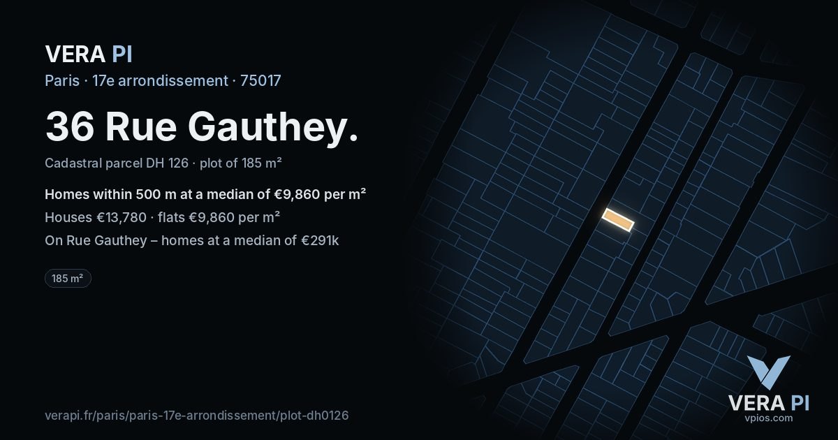 36 Rue Gauthey, 17e arrondissement at night – the plot lit, the parcels around coloured by the prices near them
