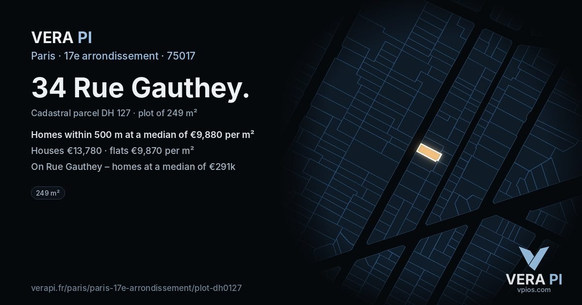 34 Rue Gauthey, 17e arrondissement at night – the plot lit, the parcels around coloured by the prices near them