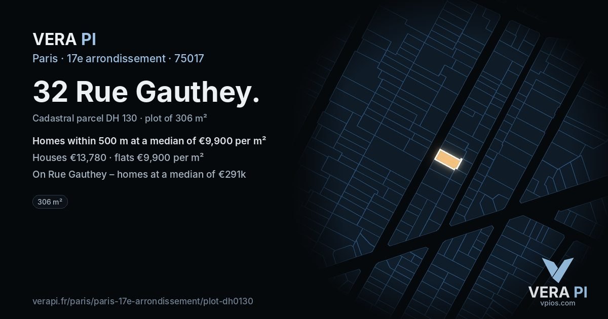 32 Rue Gauthey, 17e arrondissement at night – the plot lit, the parcels around coloured by the prices near them