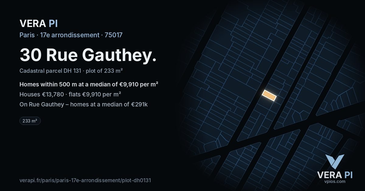 30 Rue Gauthey, 17e arrondissement at night – the plot lit, the parcels around coloured by the prices near them
