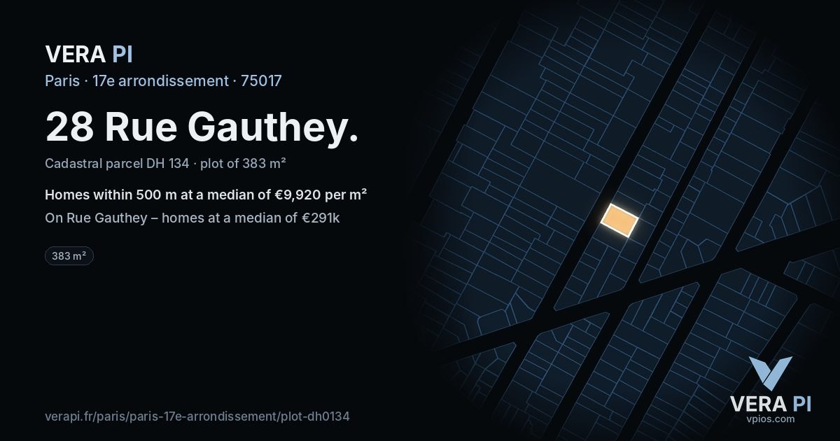 28 Rue Gauthey, 17e arrondissement at night – the plot lit, the parcels around coloured by the prices near them