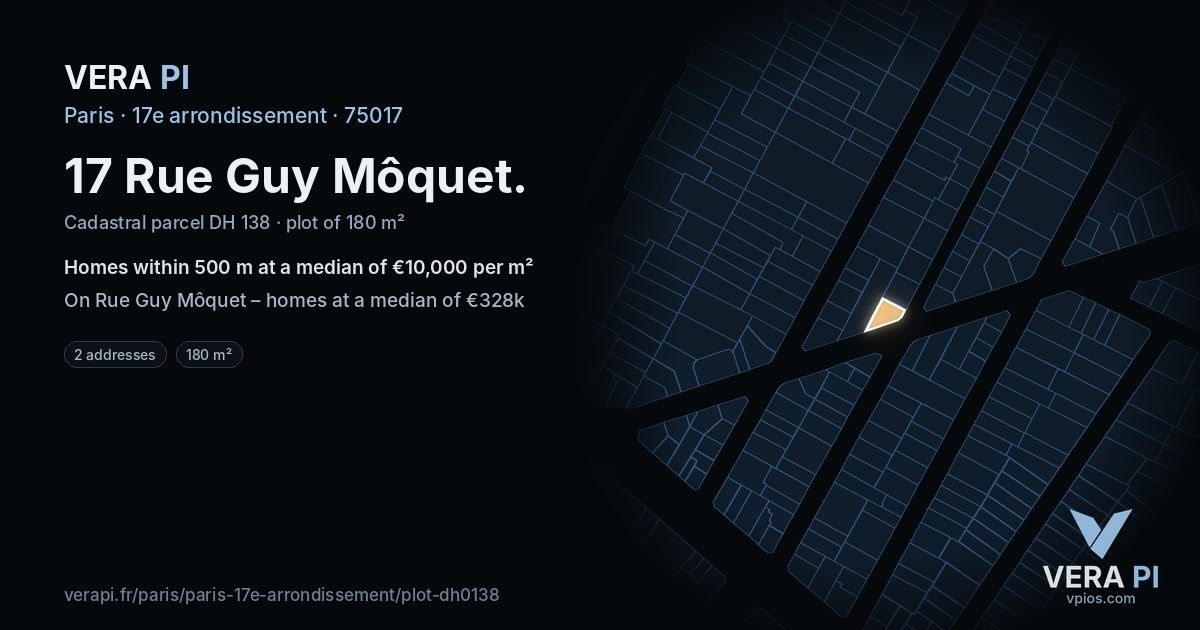 17 Rue Guy Môquet, 17e arrondissement at night – the plot lit, the parcels around coloured by the prices near them