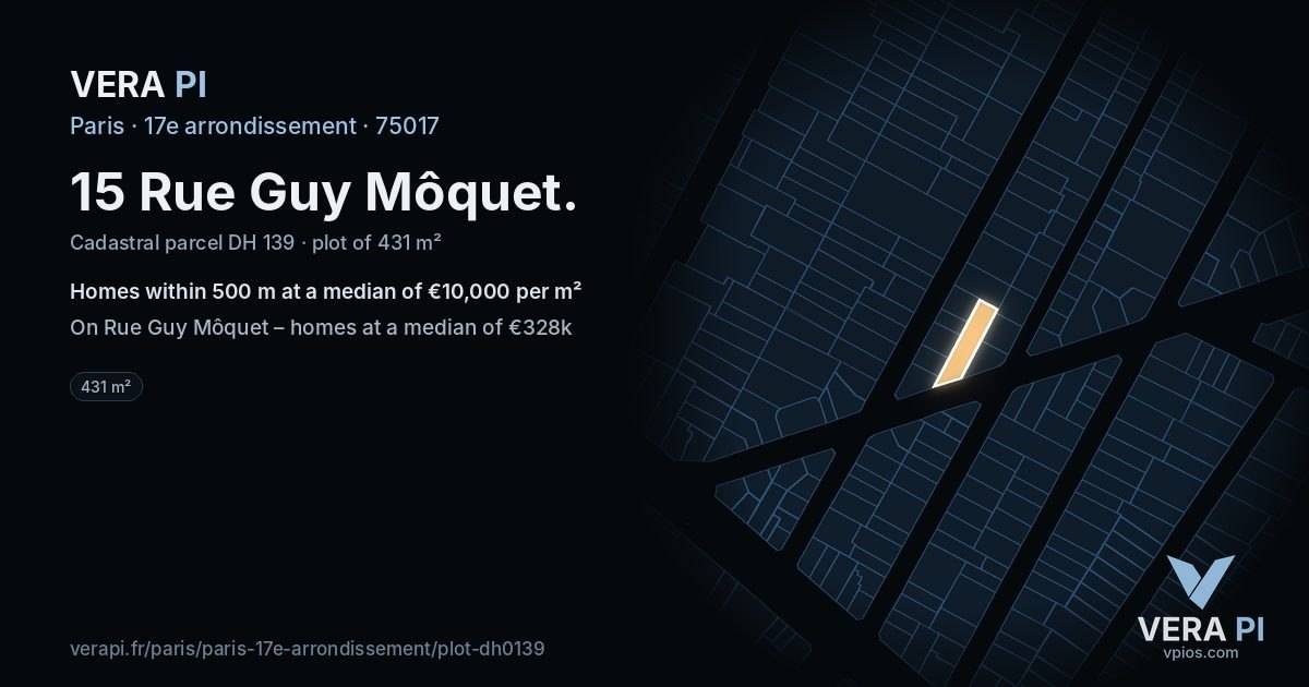 15 Rue Guy Môquet, 17e arrondissement at night – the plot lit, the parcels around coloured by the prices near them
