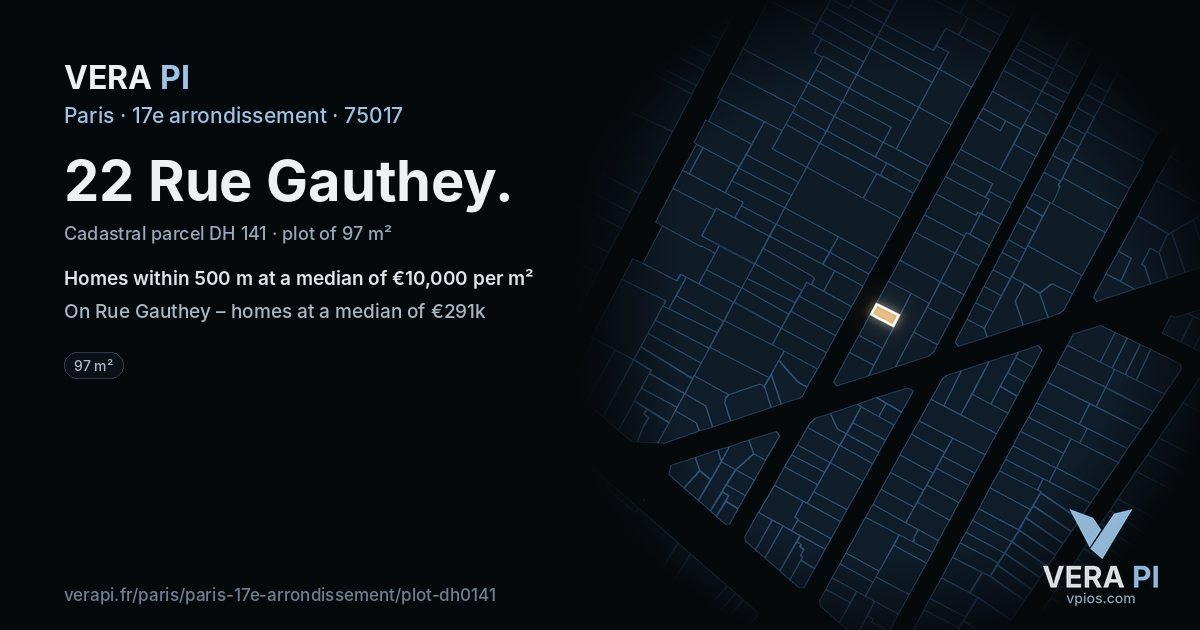 22 Rue Gauthey, 17e arrondissement at night – the plot lit, the parcels around coloured by the prices near them