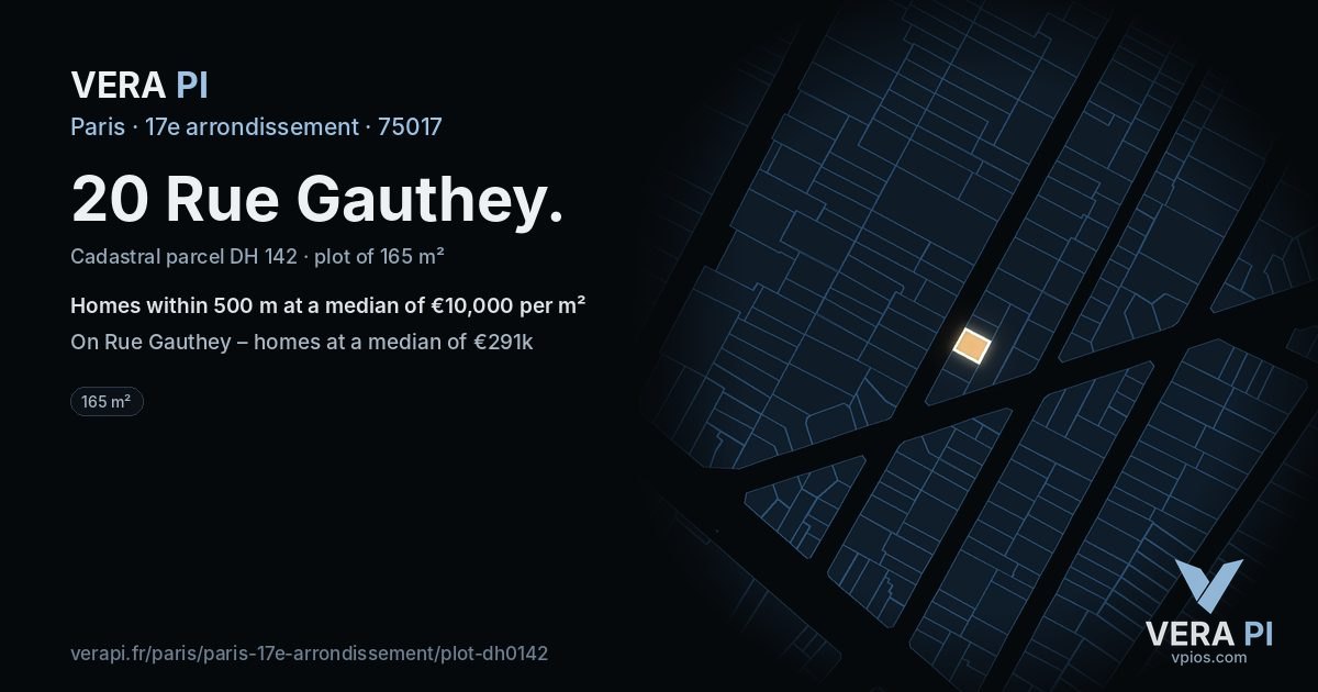 20 Rue Gauthey, 17e arrondissement at night – the plot lit, the parcels around coloured by the prices near them