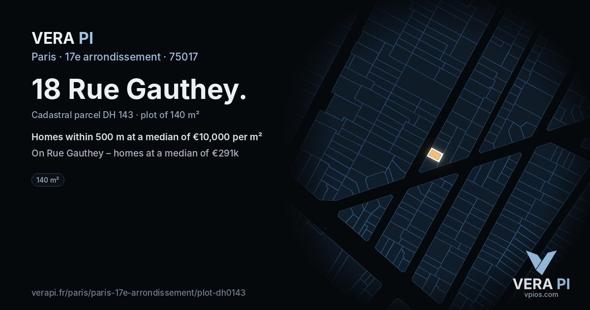 18 Rue Gauthey, 17e arrondissement at night – the plot lit, the parcels around coloured by the prices near them