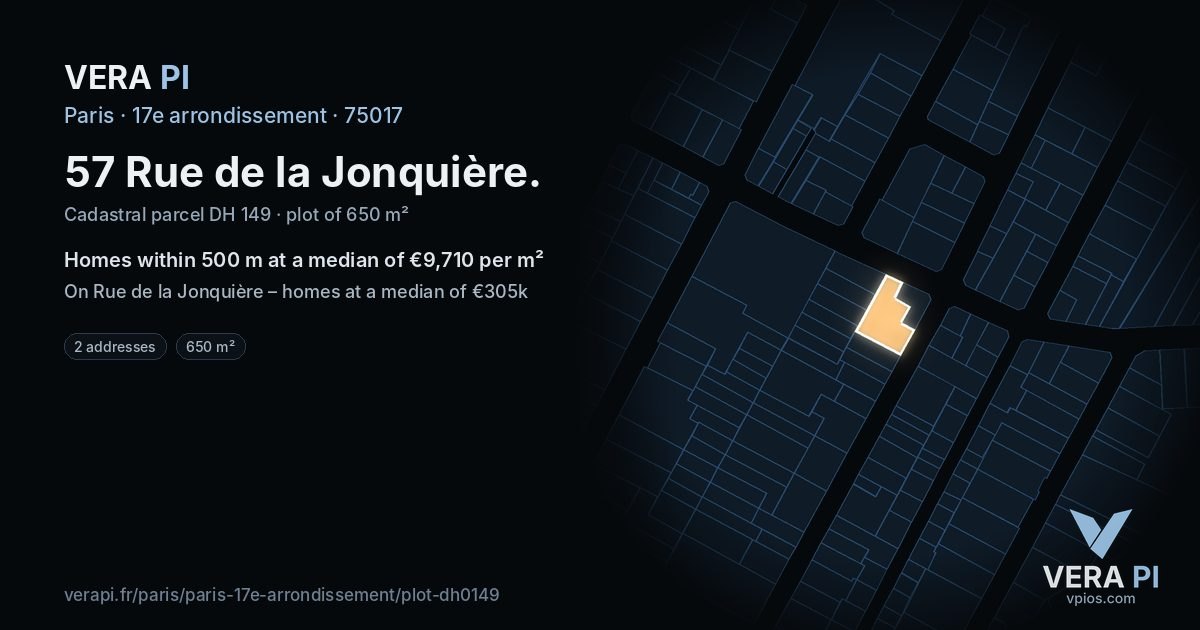 57 Rue de la Jonquière, 17e arrondissement at night – the plot lit, the parcels around coloured by the prices near them