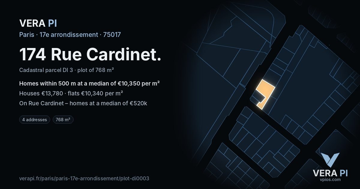 174 Rue Cardinet, 17e arrondissement at night – the plot lit, the parcels around coloured by the prices near them