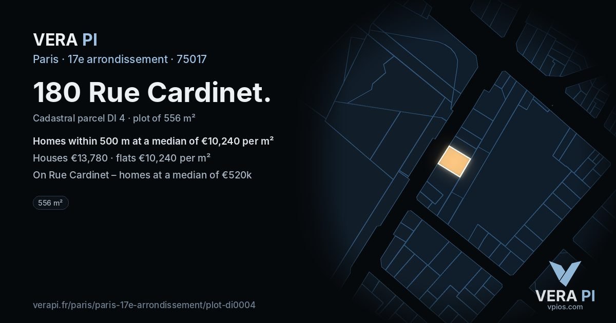 180 Rue Cardinet, 17e arrondissement at night – the plot lit, the parcels around coloured by the prices near them