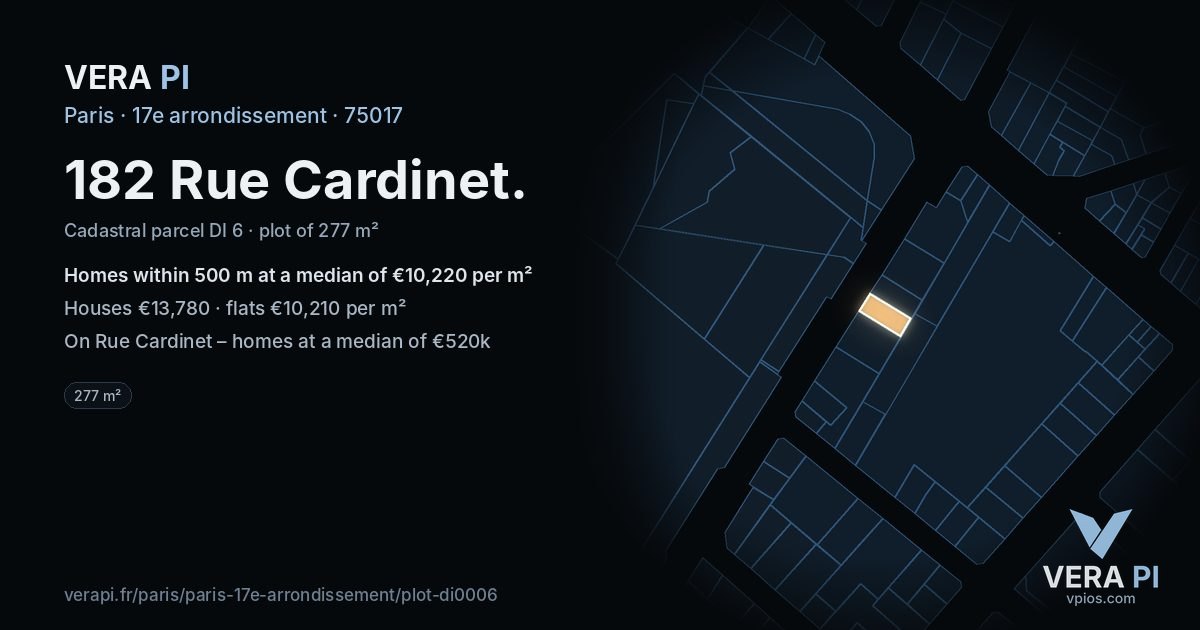 182 Rue Cardinet, 17e arrondissement at night – the plot lit, the parcels around coloured by the prices near them