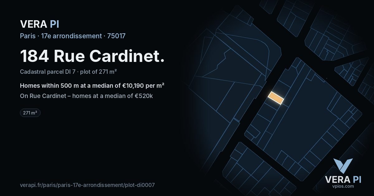 184 Rue Cardinet, 17e arrondissement at night – the plot lit, the parcels around coloured by the prices near them