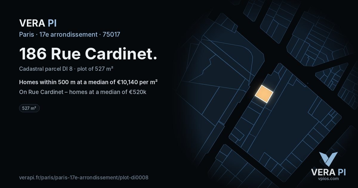 186 Rue Cardinet, 17e arrondissement at night – the plot lit, the parcels around coloured by the prices near them