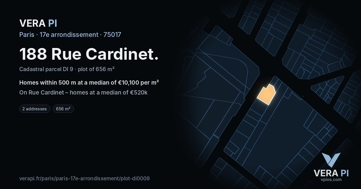 188 Rue Cardinet, 17e arrondissement at night – the plot lit, the parcels around coloured by the prices near them