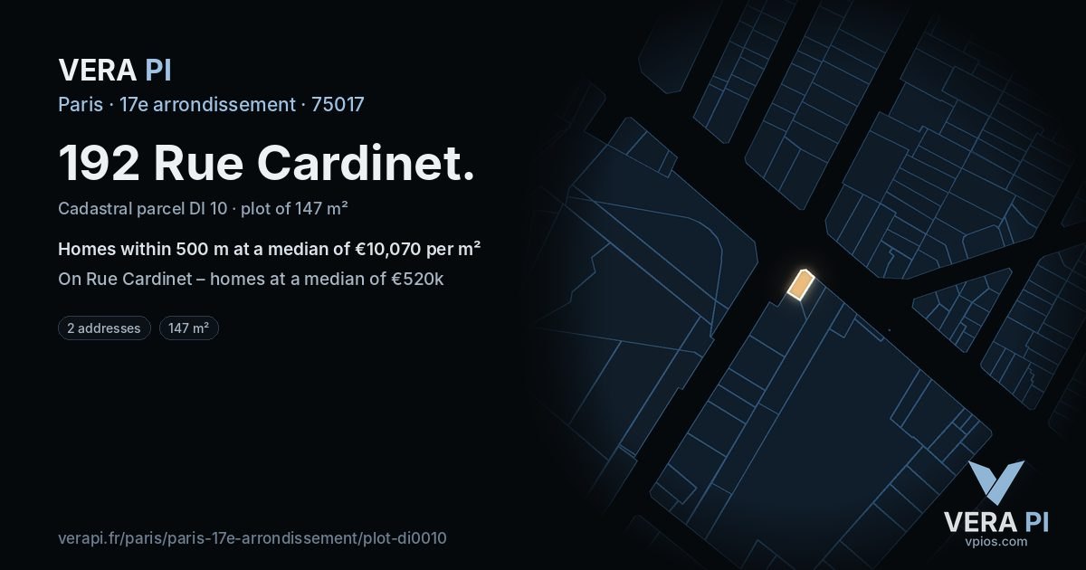 192 Rue Cardinet, 17e arrondissement at night – the plot lit, the parcels around coloured by the prices near them