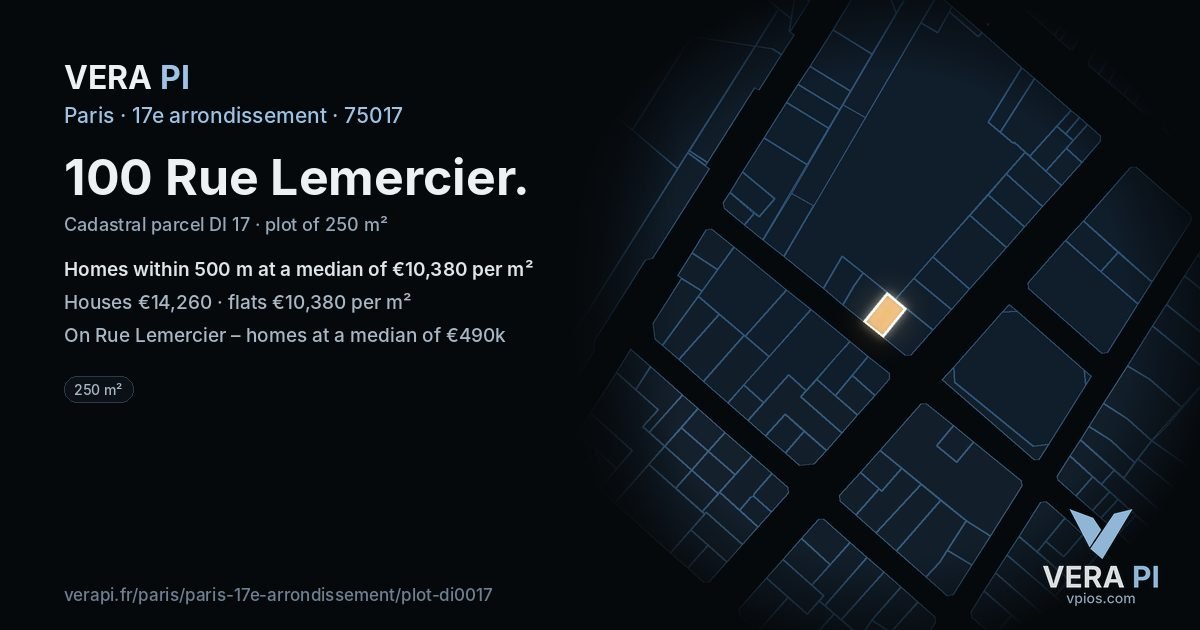 100 Rue Lemercier, 17e arrondissement at night – the plot lit, the parcels around coloured by the prices near them