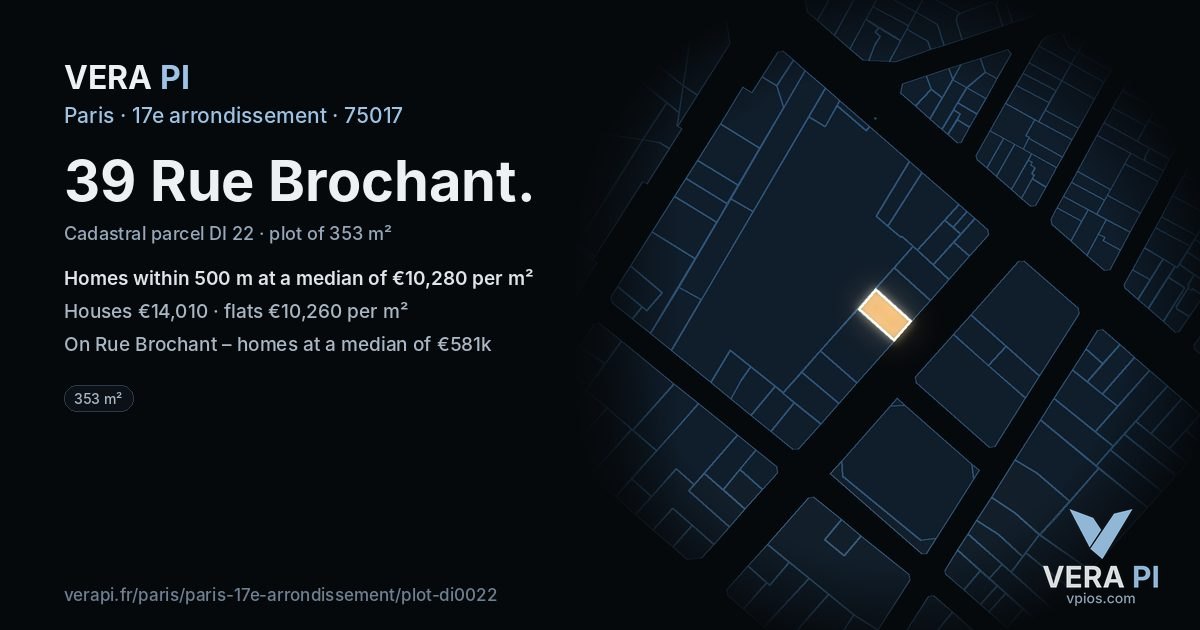 39 Rue Brochant, 17e arrondissement at night – the plot lit, the parcels around coloured by the prices near them
