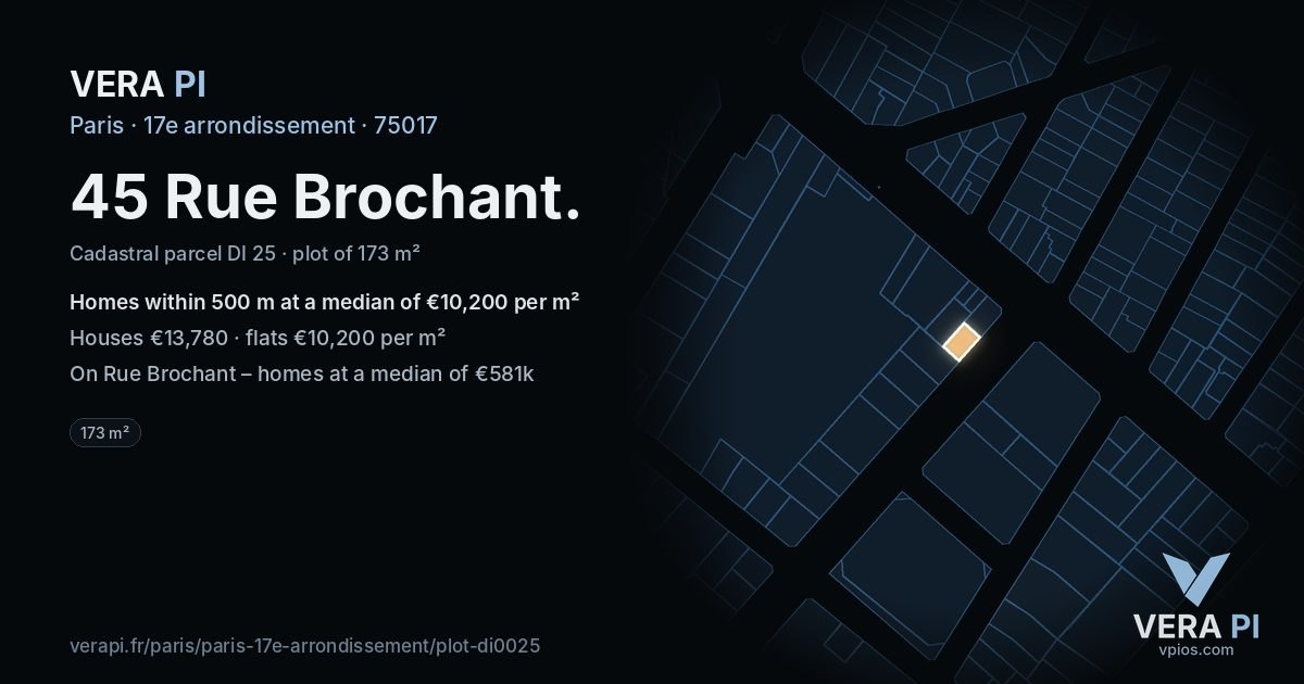 45 Rue Brochant, 17e arrondissement at night – the plot lit, the parcels around coloured by the prices near them