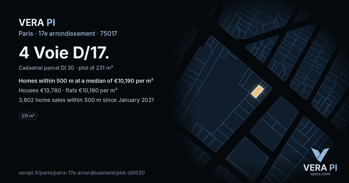 4 Voie D/17, 17e arrondissement at night – the plot lit, the parcels around coloured by the prices near them