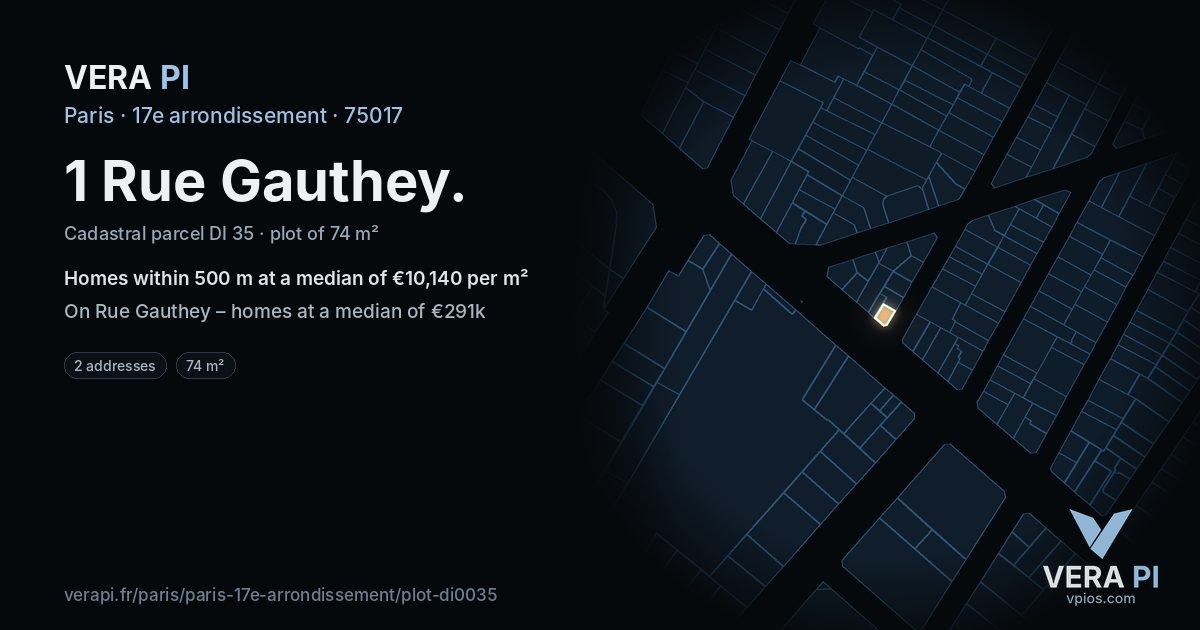 1 Rue Gauthey, 17e arrondissement at night – the plot lit, the parcels around coloured by the prices near them
