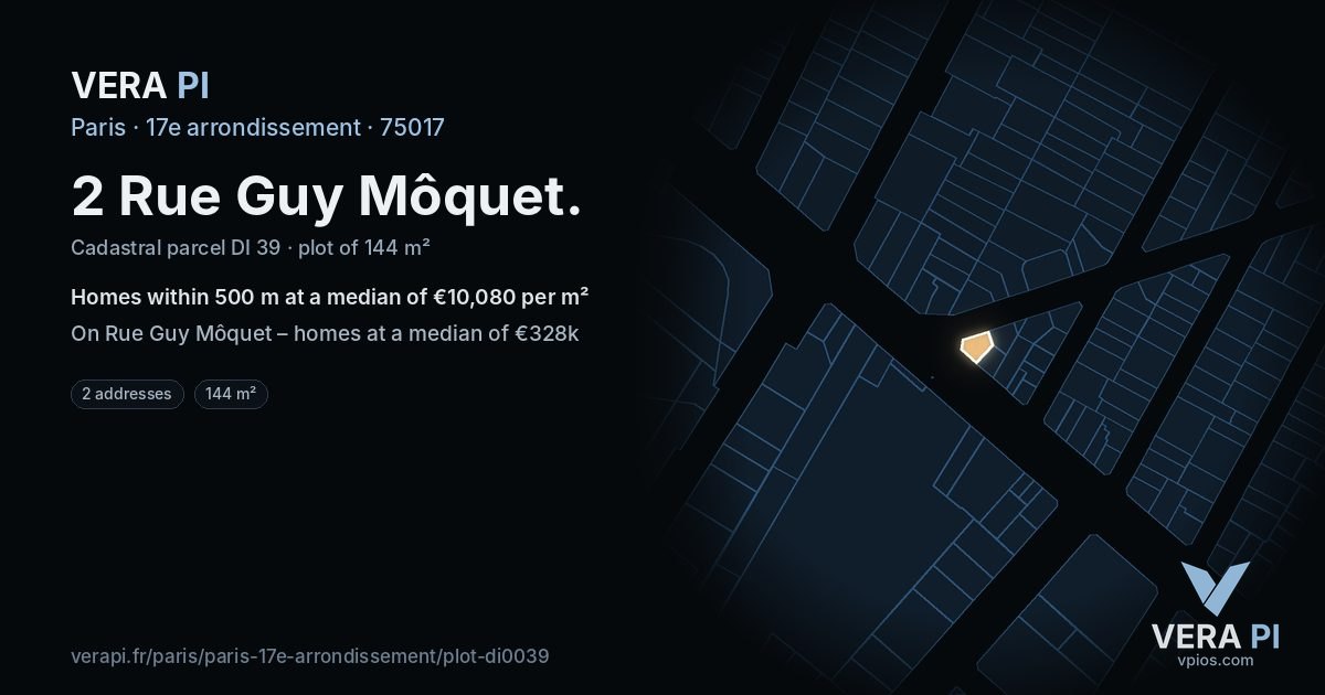 2 Rue Guy Môquet, 17e arrondissement at night – the plot lit, the parcels around coloured by the prices near them