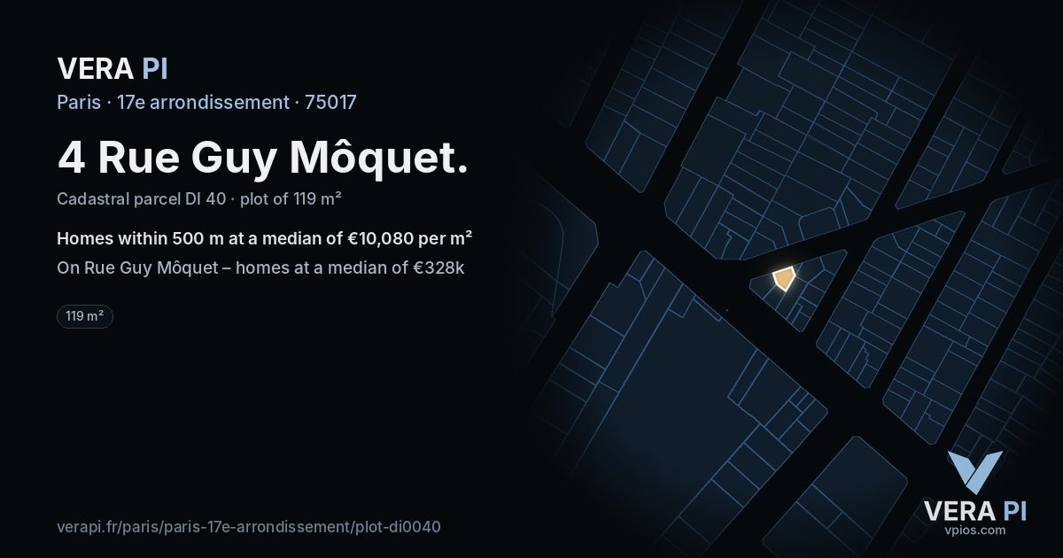 4 Rue Guy Môquet, 17e arrondissement at night – the plot lit, the parcels around coloured by the prices near them
