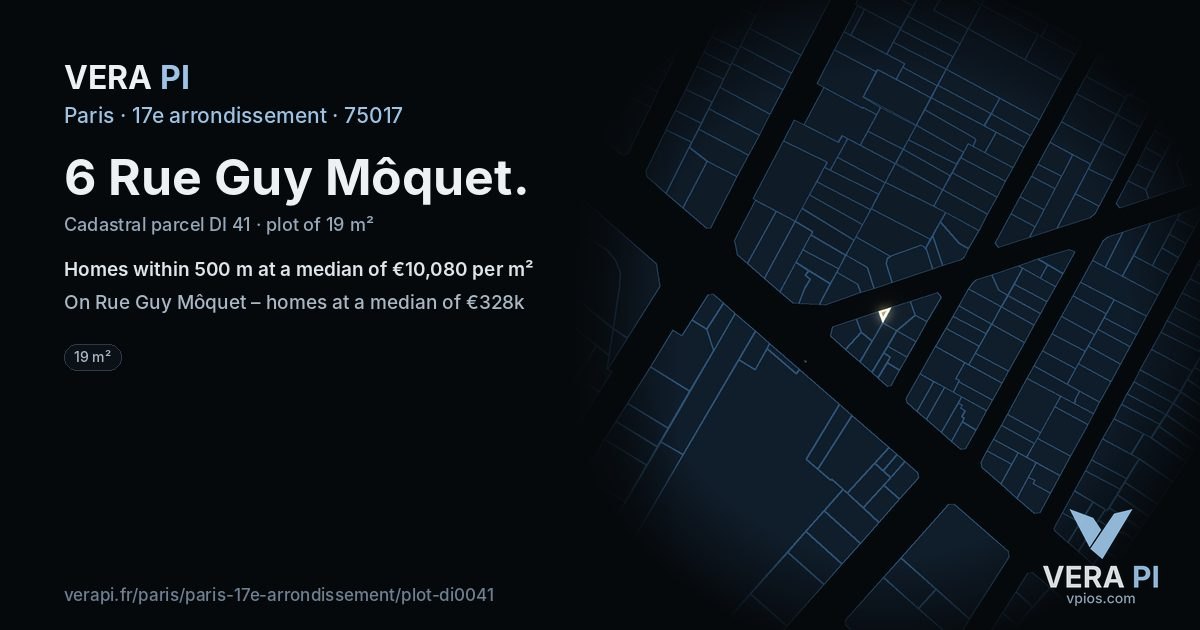 6 Rue Guy Môquet, 17e arrondissement at night – the plot lit, the parcels around coloured by the prices near them