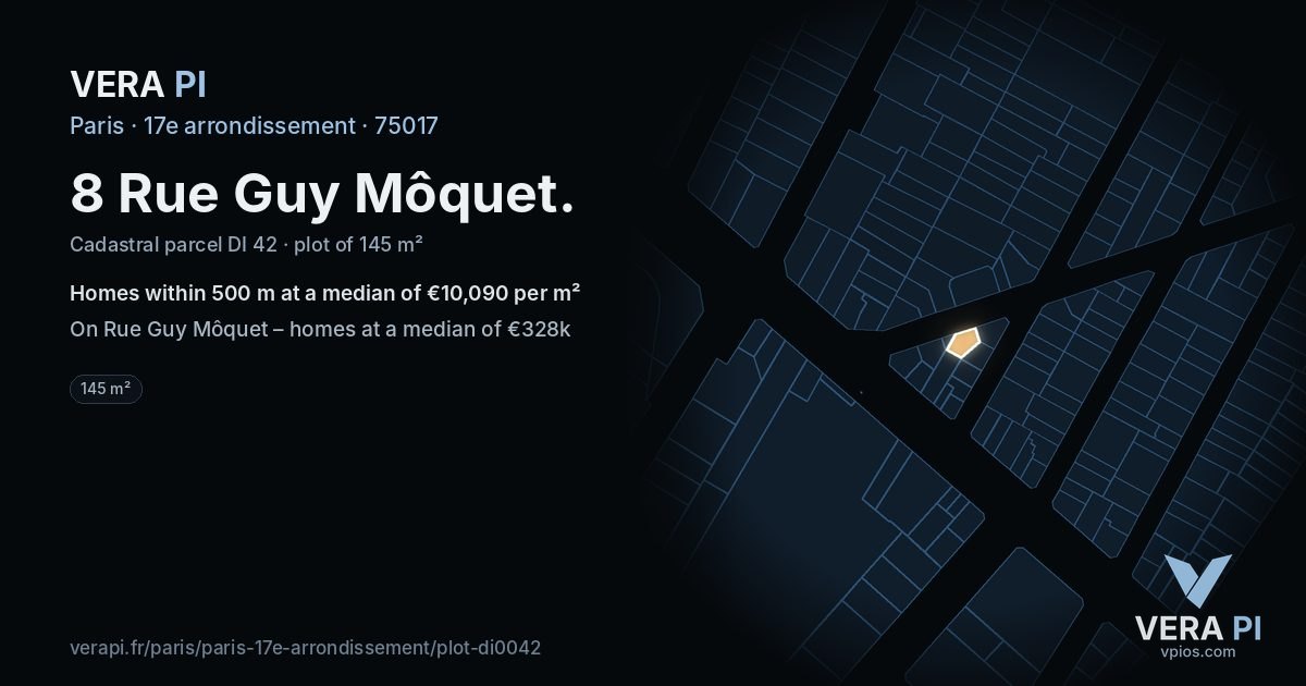 8 Rue Guy Môquet, 17e arrondissement at night – the plot lit, the parcels around coloured by the prices near them