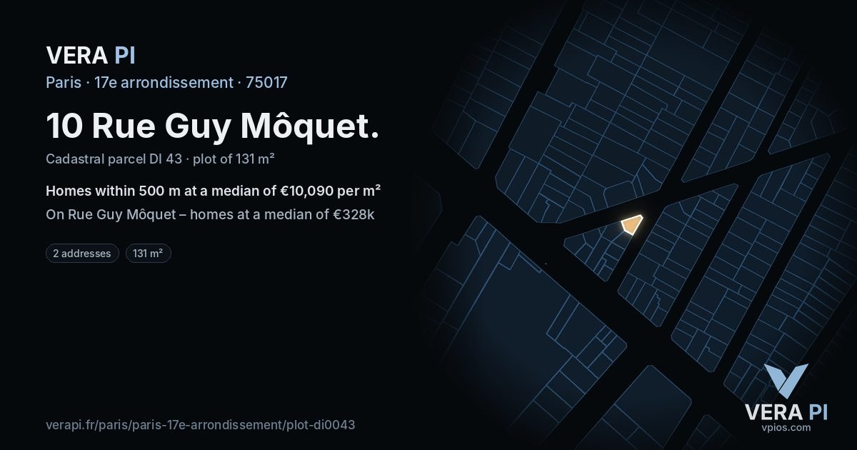 10 Rue Guy Môquet, 17e arrondissement at night – the plot lit, the parcels around coloured by the prices near them