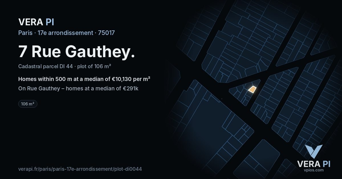 7 Rue Gauthey, 17e arrondissement at night – the plot lit, the parcels around coloured by the prices near them