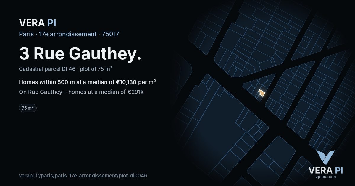 3 Rue Gauthey, 17e arrondissement at night – the plot lit, the parcels around coloured by the prices near them