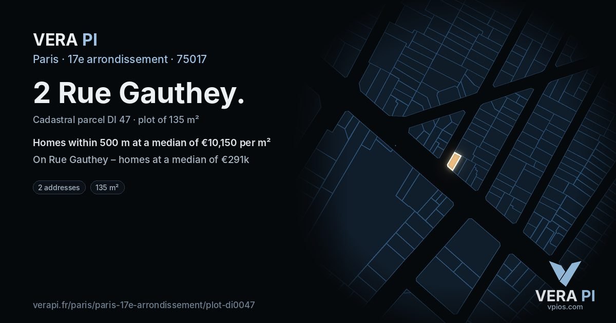 2 Rue Gauthey, 17e arrondissement at night – the plot lit, the parcels around coloured by the prices near them