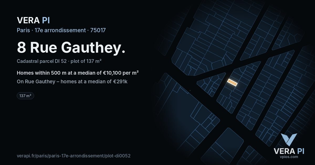 8 Rue Gauthey, 17e arrondissement at night – the plot lit, the parcels around coloured by the prices near them