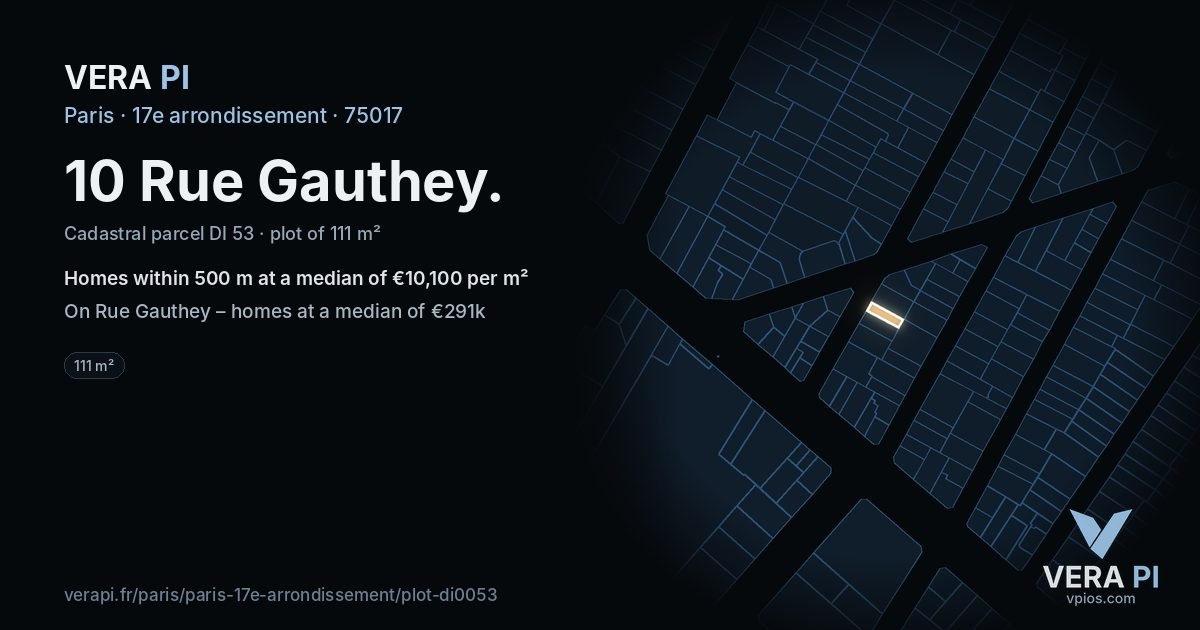 10 Rue Gauthey, 17e arrondissement at night – the plot lit, the parcels around coloured by the prices near them