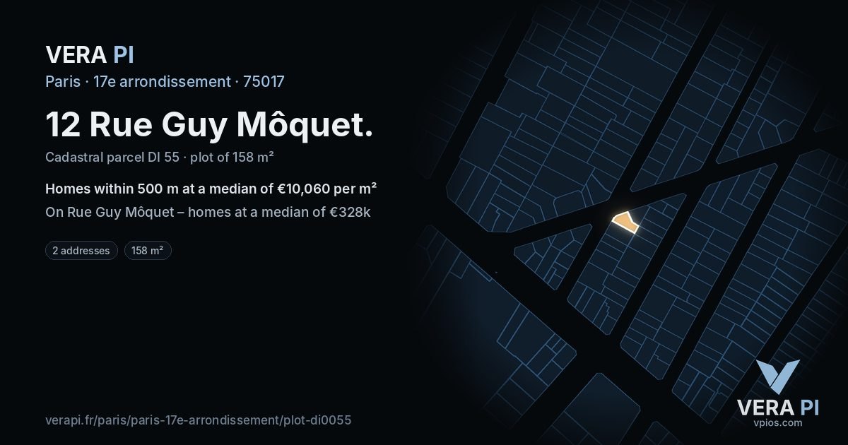 12 Rue Guy Môquet, 17e arrondissement at night – the plot lit, the parcels around coloured by the prices near them
