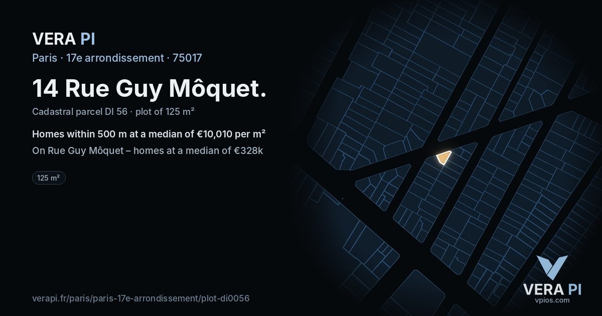 14 Rue Guy Môquet, 17e arrondissement at night – the plot lit, the parcels around coloured by the prices near them