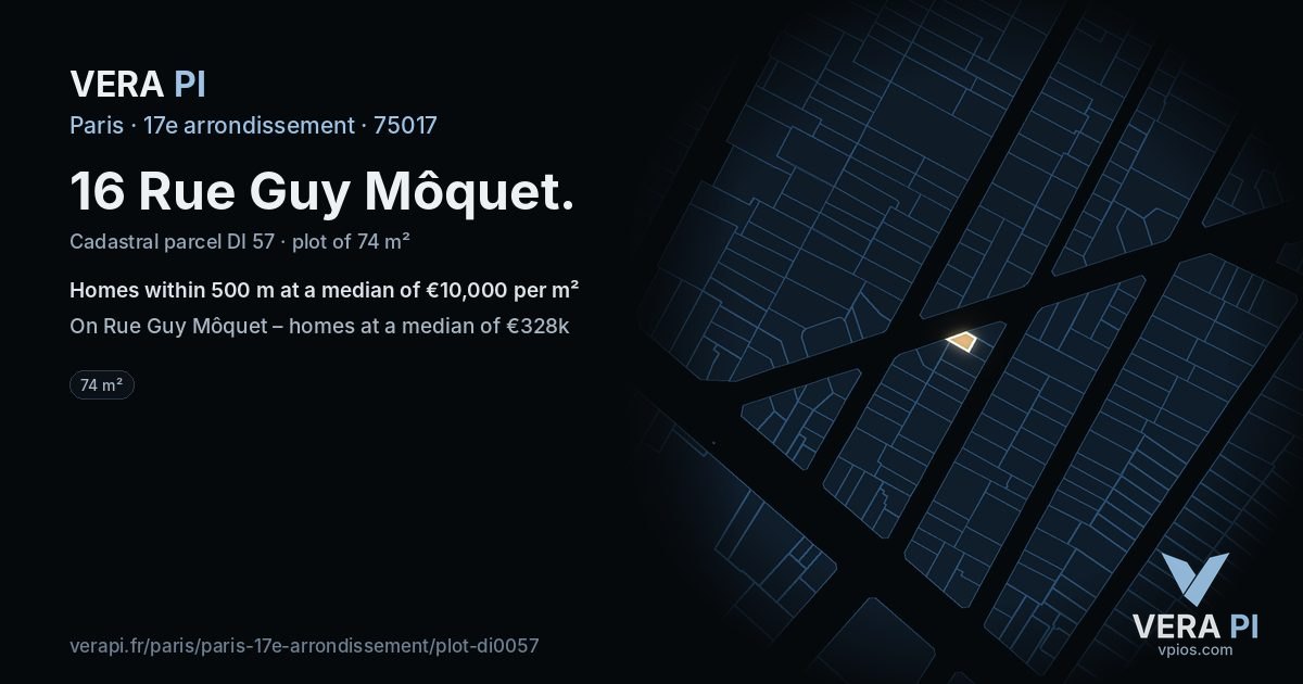 16 Rue Guy Môquet, 17e arrondissement at night – the plot lit, the parcels around coloured by the prices near them