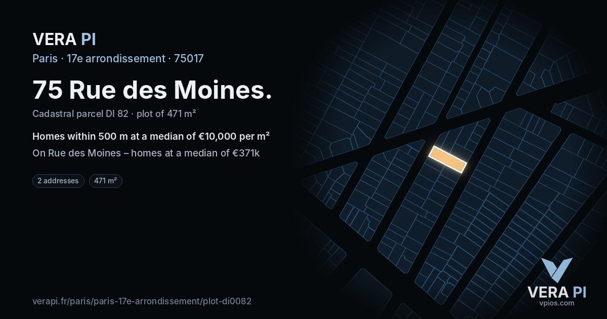 75 Rue des Moines, 17e arrondissement at night – the plot lit, the parcels around coloured by the prices near them