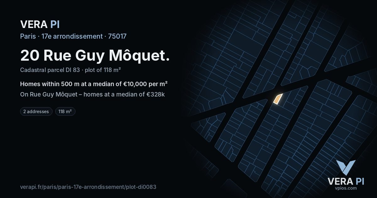 20 Rue Guy Môquet, 17e arrondissement at night – the plot lit, the parcels around coloured by the prices near them