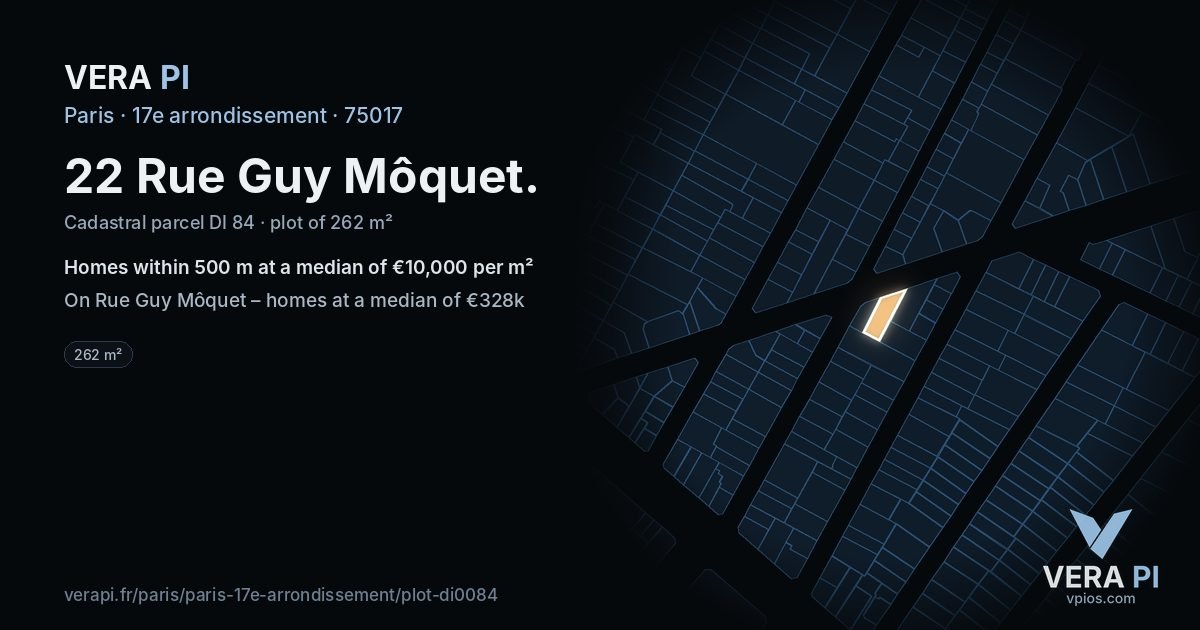 22 Rue Guy Môquet, 17e arrondissement at night – the plot lit, the parcels around coloured by the prices near them