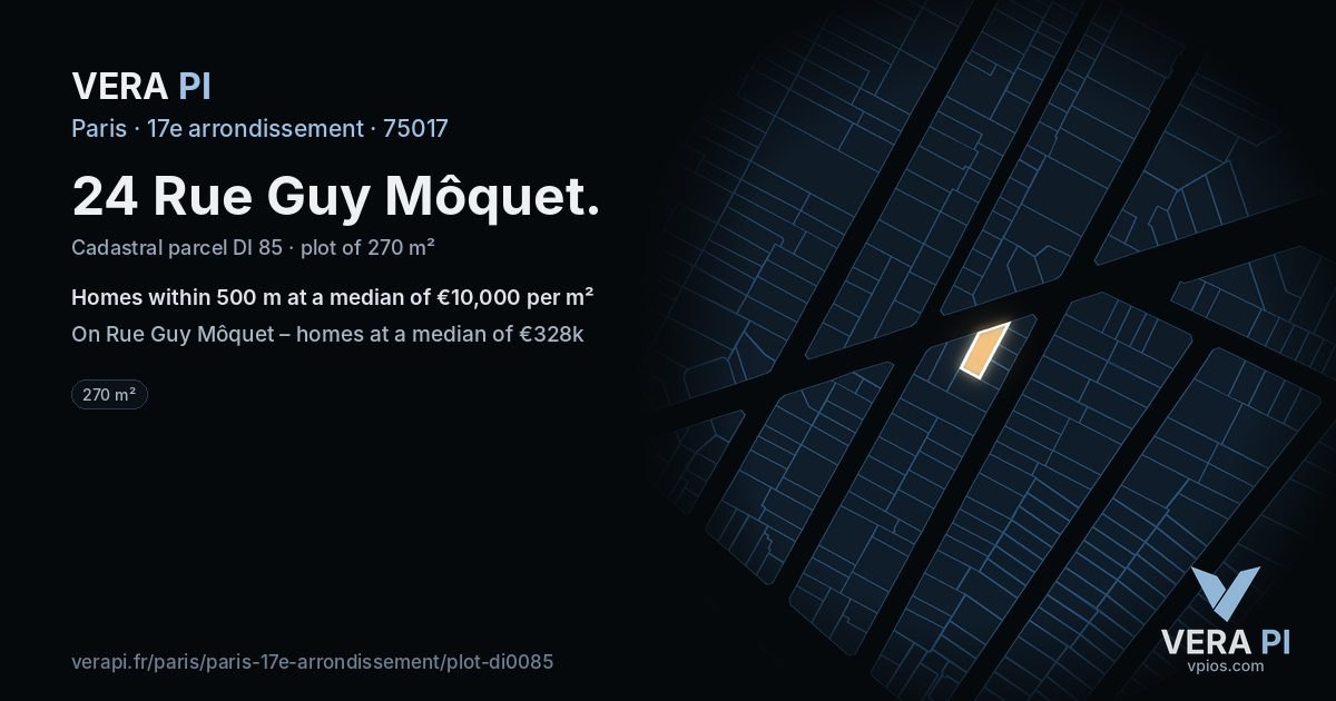 24 Rue Guy Môquet, 17e arrondissement at night – the plot lit, the parcels around coloured by the prices near them