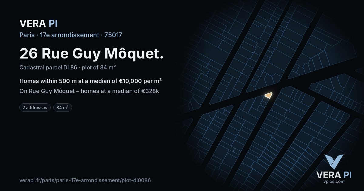 26 Rue Guy Môquet, 17e arrondissement at night – the plot lit, the parcels around coloured by the prices near them
