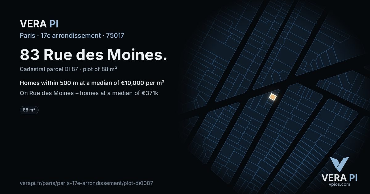 83 Rue des Moines, 17e arrondissement at night – the plot lit, the parcels around coloured by the prices near them