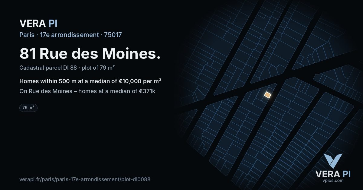 81 Rue des Moines, 17e arrondissement at night – the plot lit, the parcels around coloured by the prices near them