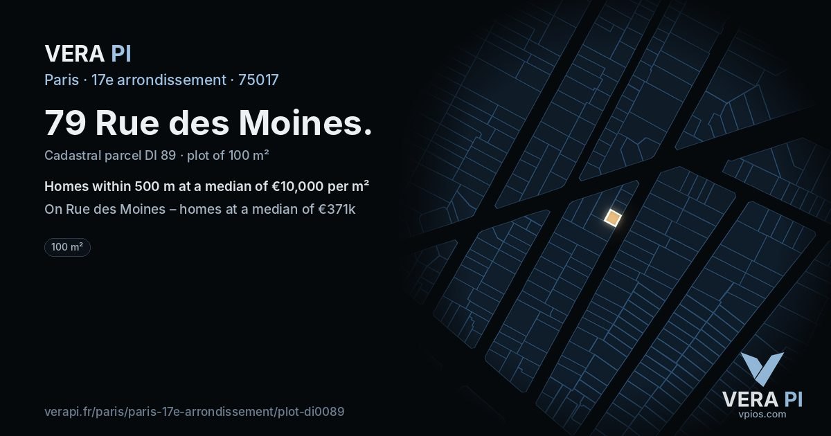 79 Rue des Moines, 17e arrondissement at night – the plot lit, the parcels around coloured by the prices near them