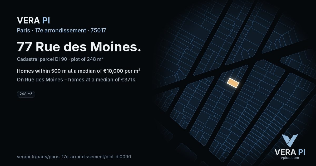 77 Rue des Moines, 17e arrondissement at night – the plot lit, the parcels around coloured by the prices near them