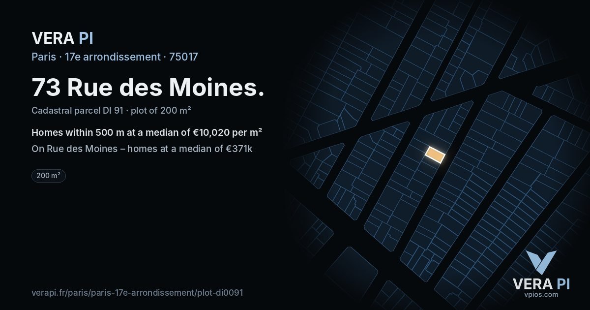 73 Rue des Moines, 17e arrondissement at night – the plot lit, the parcels around coloured by the prices near them
