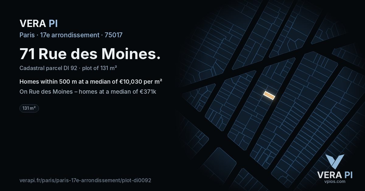 71 Rue des Moines, 17e arrondissement at night – the plot lit, the parcels around coloured by the prices near them