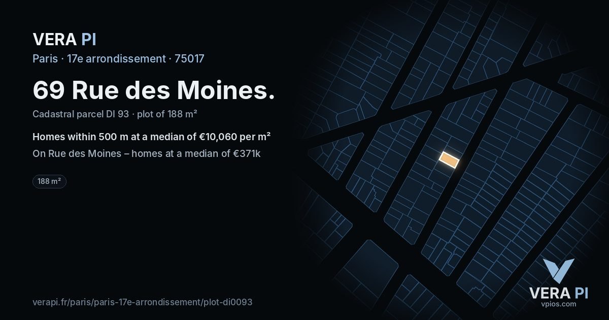 69 Rue des Moines, 17e arrondissement at night – the plot lit, the parcels around coloured by the prices near them